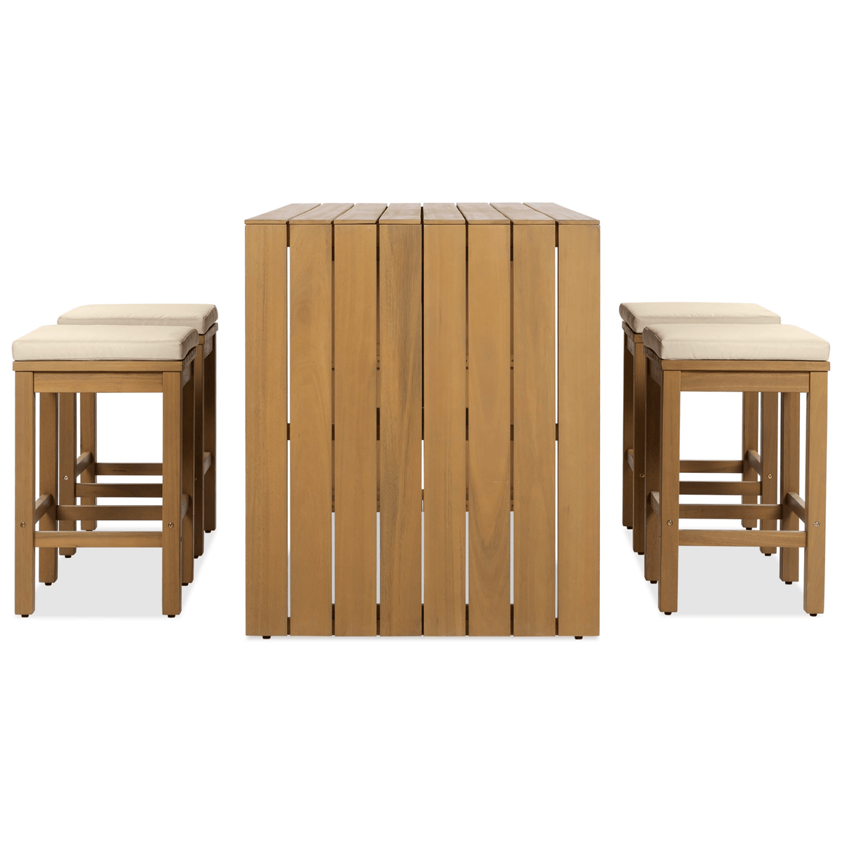 5 Piece Outdoor Bar Set, Patio Acacia Wood Bar Height Table & Four Stools with Cushions, Wood Dining Bar Set for Backyard, Poolside, Balcony, Beige - Mervyns