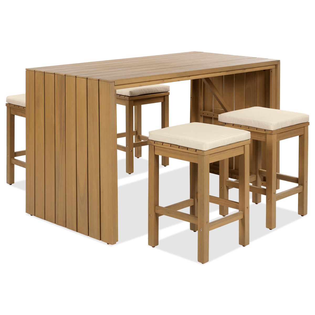 5 Piece Outdoor Bar Set, Patio Acacia Wood Bar Height Table & Four Stools with Cushions, Wood Dining Bar Set for Backyard, Poolside, Balcony, Beige - Mervyns