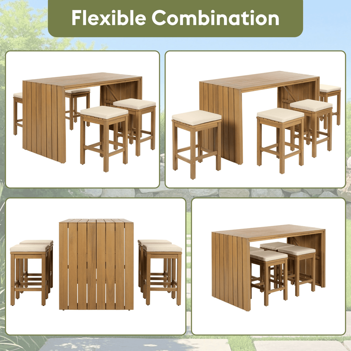 5 Piece Outdoor Bar Set, Patio Acacia Wood Bar Height Table & Four Stools with Cushions, Wood Dining Bar Set for Backyard, Poolside, Balcony, Beige - Mervyns