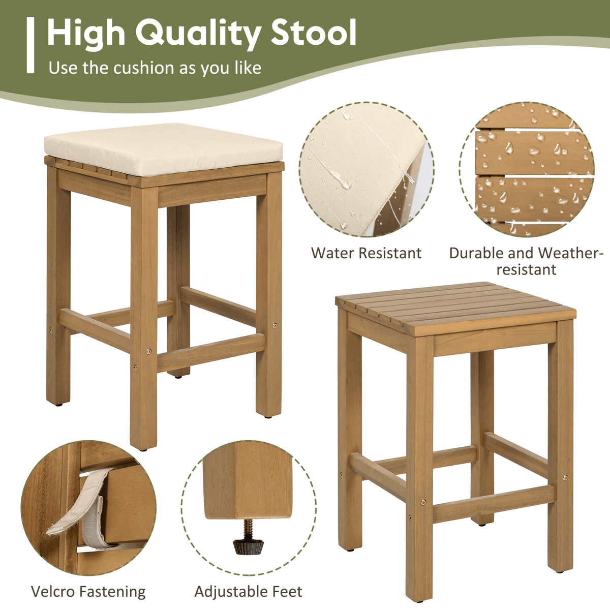 5 Piece Outdoor Bar Set, Patio Acacia Wood Bar Height Table & Four Stools with Cushions, Wood Dining Bar Set for Backyard, Poolside, Balcony, Beige - Mervyns