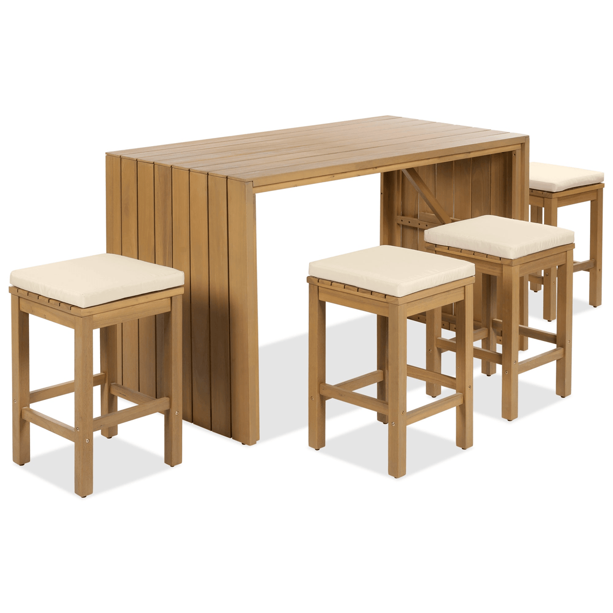 5 Piece Outdoor Bar Set, Patio Acacia Wood Bar Height Table & Four Stools with Cushions, Wood Dining Bar Set for Backyard, Poolside, Balcony, Beige - Mervyns