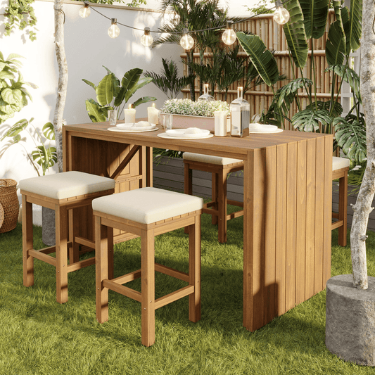 5 Piece Outdoor Bar Set, Patio Acacia Wood Bar Height Table & Four Stools with Cushions, Wood Dining Bar Set for Backyard, Poolside, Balcony, Beige - Mervyns