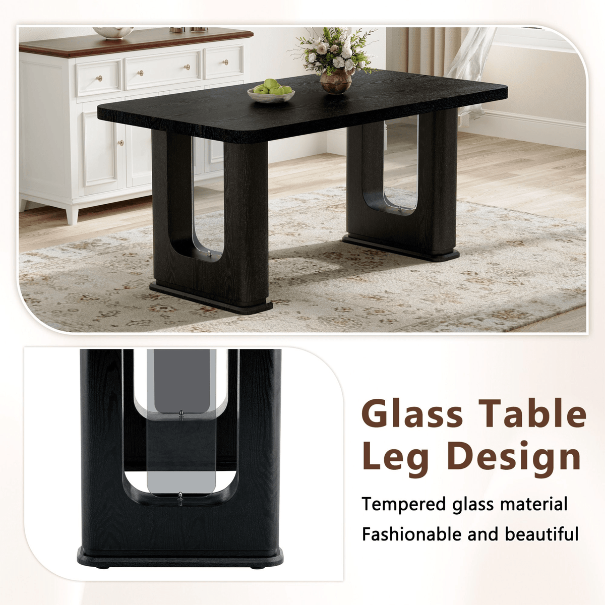 64.5 x 35.4 Inch Stylish Black Wood Color Textured Dining Table,Perfectly Blending Simplicity And Transparency. Made of MDF Material With Black Wood Grain Stickers,It Exudes A Strong Sense Of Fashion. - Mervyns