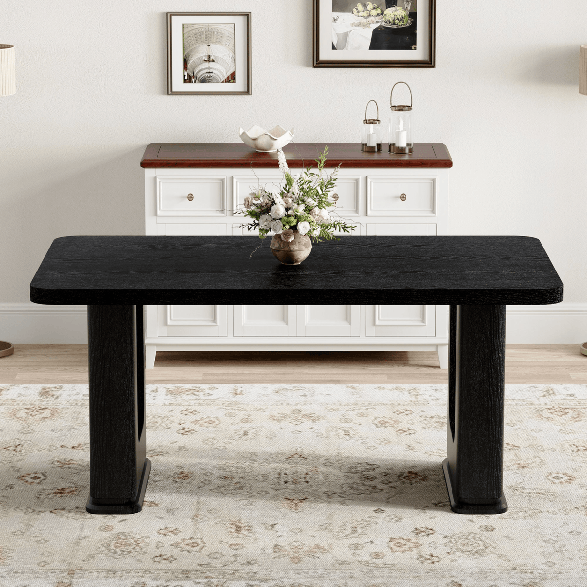 64.5 x 35.4 Inch Stylish Black Wood Color Textured Dining Table,Perfectly Blending Simplicity And Transparency. Made of MDF Material With Black Wood Grain Stickers,It Exudes A Strong Sense Of Fashion. - Mervyns