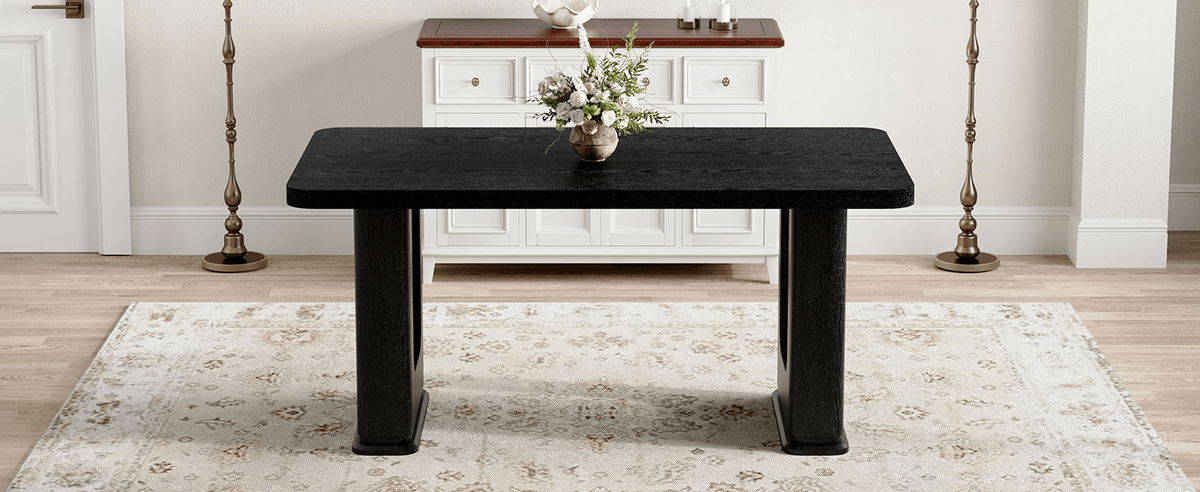 64.5 x 35.4 Inch Stylish Black Wood Color Textured Dining Table,Perfectly Blending Simplicity And Transparency. Made of MDF Material With Black Wood Grain Stickers,It Exudes A Strong Sense Of Fashion. - Mervyns