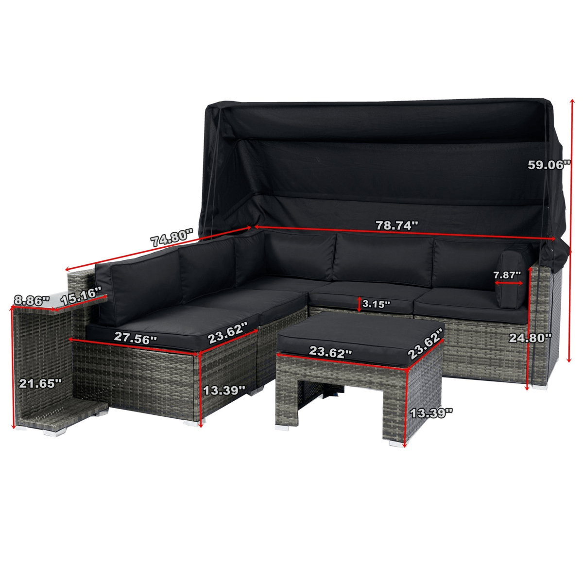 7-Piece Patio Furniture Set w/Retractable Canopy Wicker Rattan Sectional Sofa Set Patio Furniture with Washable Cushions for Lawn, Garden, Backyard, Poolside Grey wicker + Black Cushion - Mervyns
