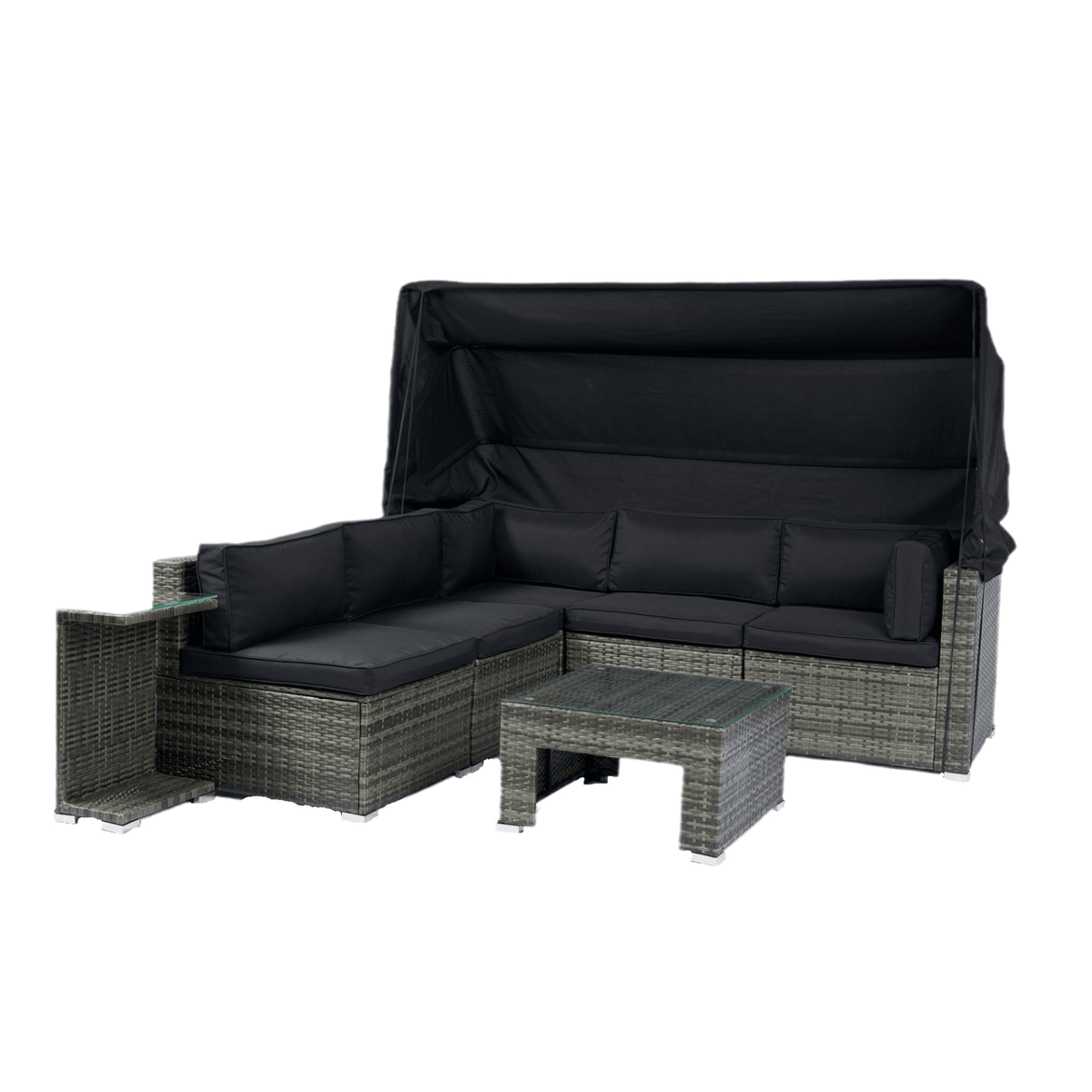 7-Piece Patio Furniture Set w/Retractable Canopy Wicker Rattan Sectional Sofa Set Patio Furniture with Washable Cushions for Lawn, Garden, Backyard, Poolside Grey wicker + Black Cushion - Mervyns