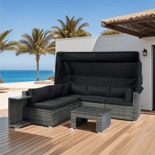 7-Piece Patio Furniture Set w/Retractable Canopy Wicker Rattan Sectional Sofa Set Patio Furniture with Washable Cushions for Lawn, Garden, Backyard, Poolside Grey wicker + Black Cushion - Mervyns