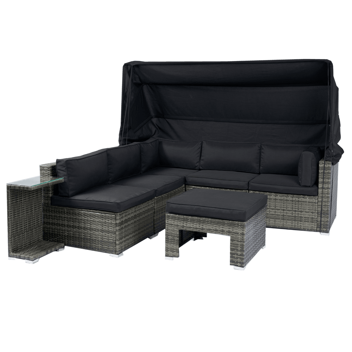 7-Piece Patio Furniture Set w/Retractable Canopy Wicker Rattan Sectional Sofa Set Patio Furniture with Washable Cushions for Lawn, Garden, Backyard, Poolside Grey wicker + Black Cushion - Mervyns