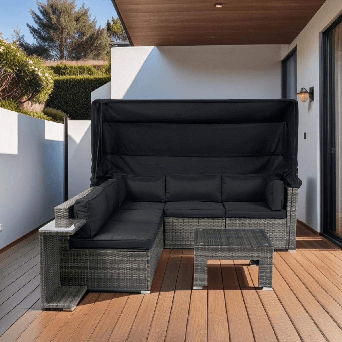 7-Piece Patio Furniture Set w/Retractable Canopy Wicker Rattan Sectional Sofa Set Patio Furniture with Washable Cushions for Lawn, Garden, Backyard, Poolside Grey wicker + Black Cushion - Mervyns