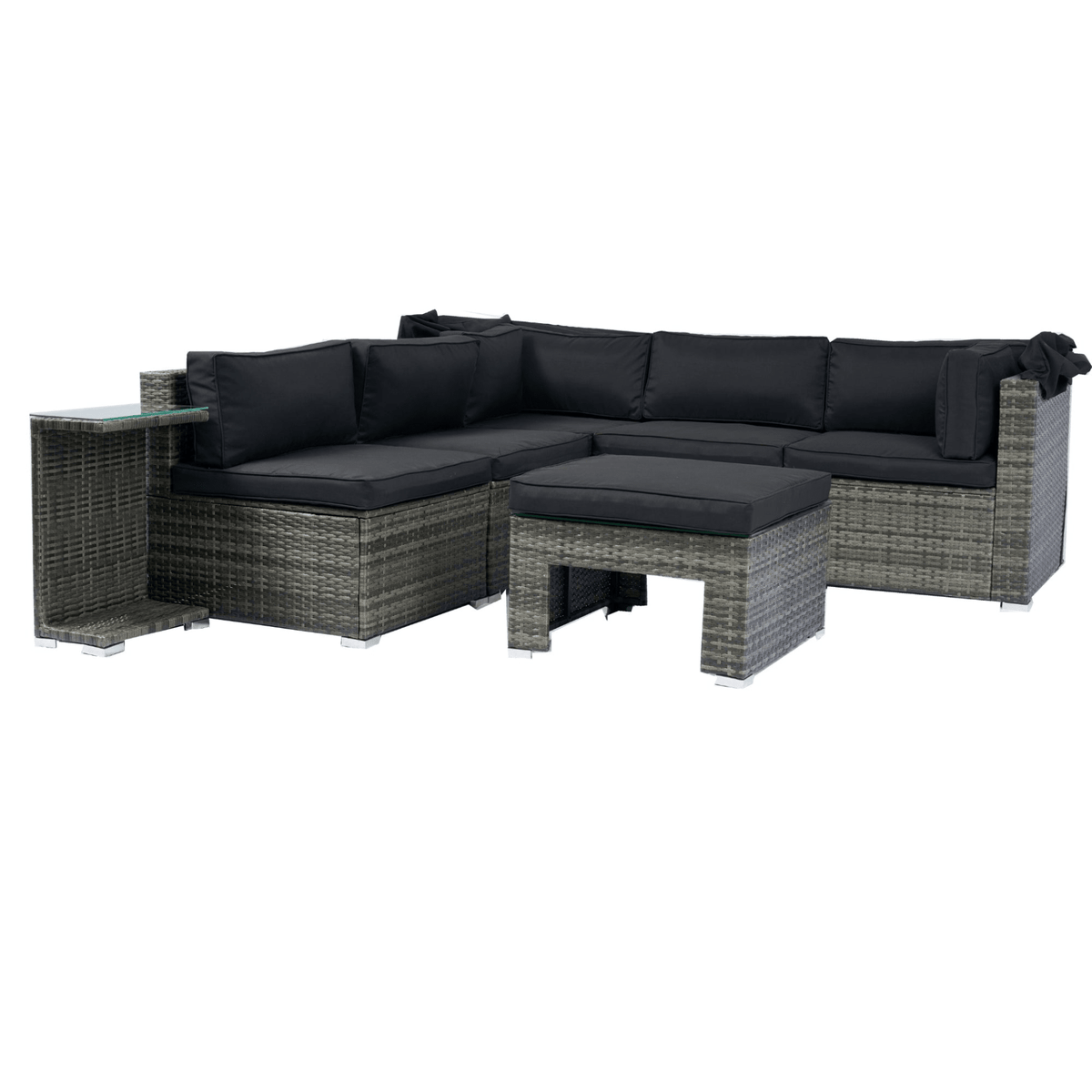 7-Piece Patio Furniture Set w/Retractable Canopy Wicker Rattan Sectional Sofa Set Patio Furniture with Washable Cushions for Lawn, Garden, Backyard, Poolside Grey wicker + Black Cushion - Mervyns