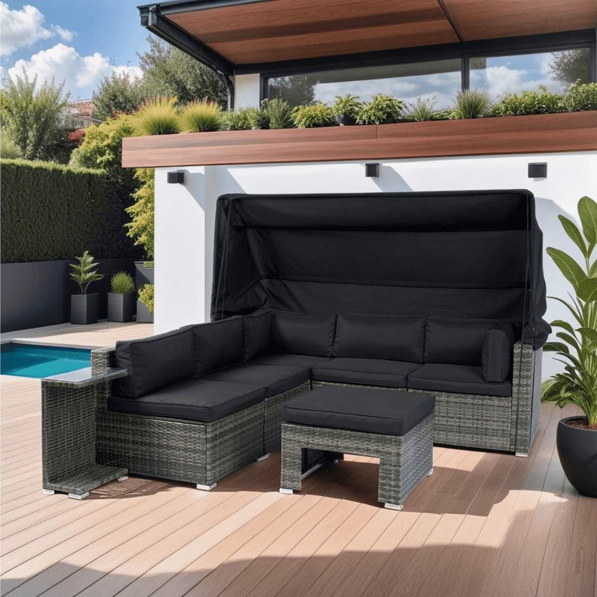 7-Piece Patio Furniture Set w/Retractable Canopy Wicker Rattan Sectional Sofa Set Patio Furniture with Washable Cushions for Lawn, Garden, Backyard, Poolside Grey wicker + Black Cushion - Mervyns
