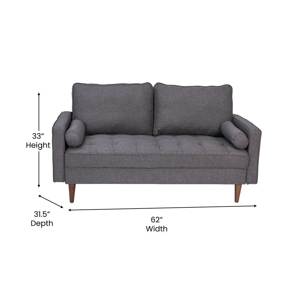 Hudson Mid-Century Modern Loveseat Sofa with Tufted Faux Linen Upholstery & Solid Wood Legs in Dark Gray