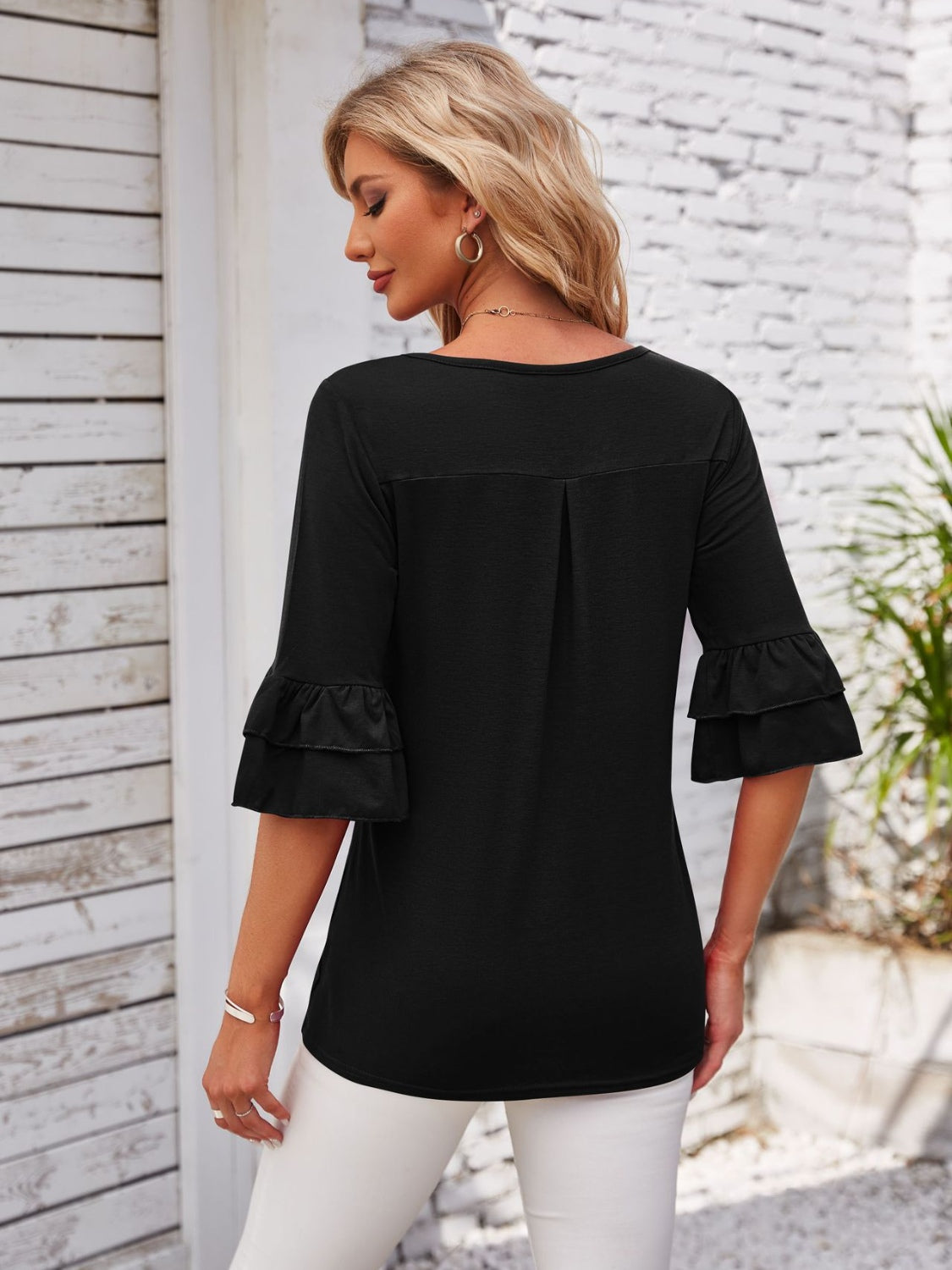 Ruffled Suqare Neck Half Sleeve Blouse