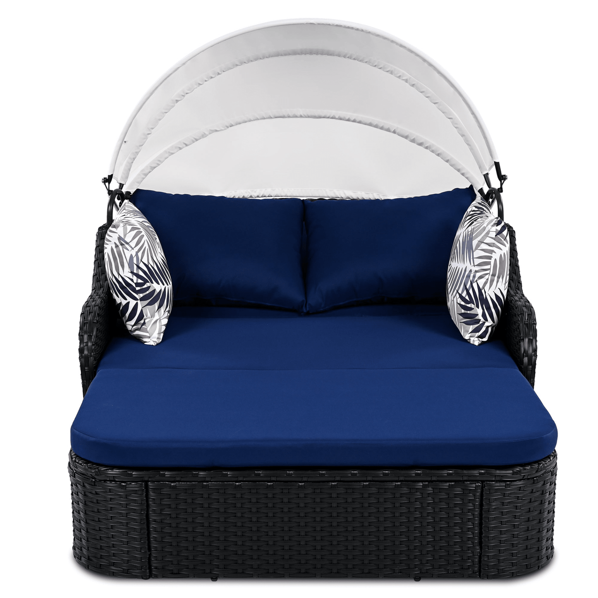 79.9' Outdoor Sunbed with Adjustable Canopy, Double lounge, PE Rattan Daybed, Black Wicker and Blue Cushion - Mervyns