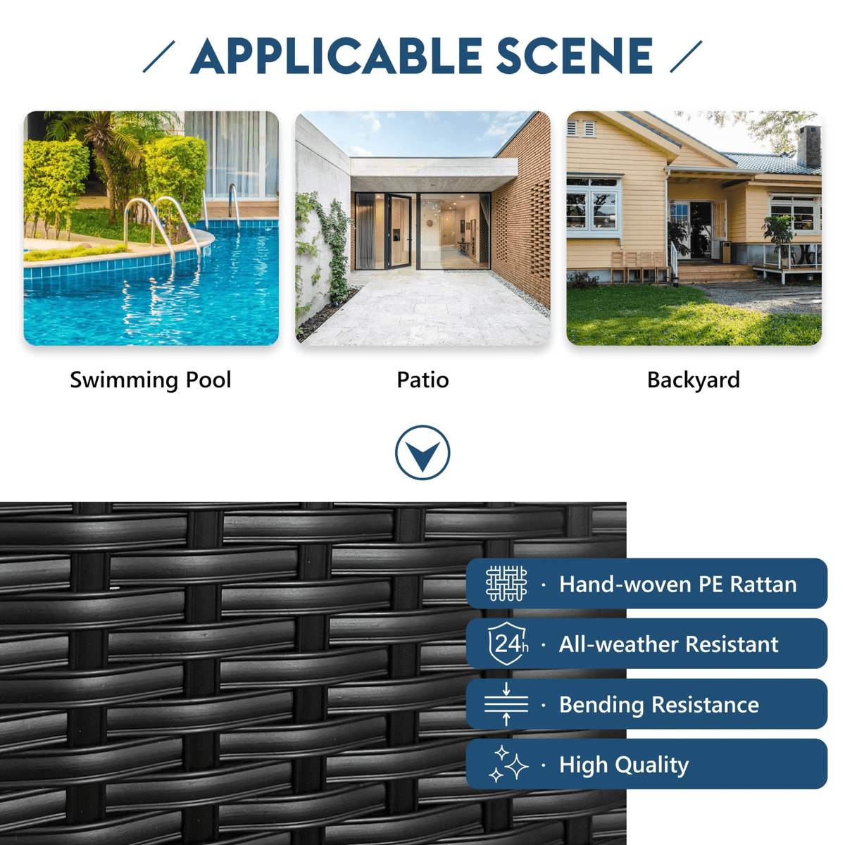 79.9' Outdoor Sunbed with Adjustable Canopy, Double lounge, PE Rattan Daybed, Black Wicker and Blue Cushion - Mervyns
