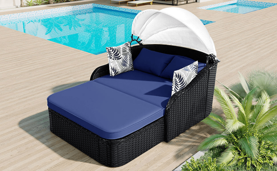 79.9' Outdoor Sunbed with Adjustable Canopy, Double lounge, PE Rattan Daybed, Black Wicker and Blue Cushion - Mervyns