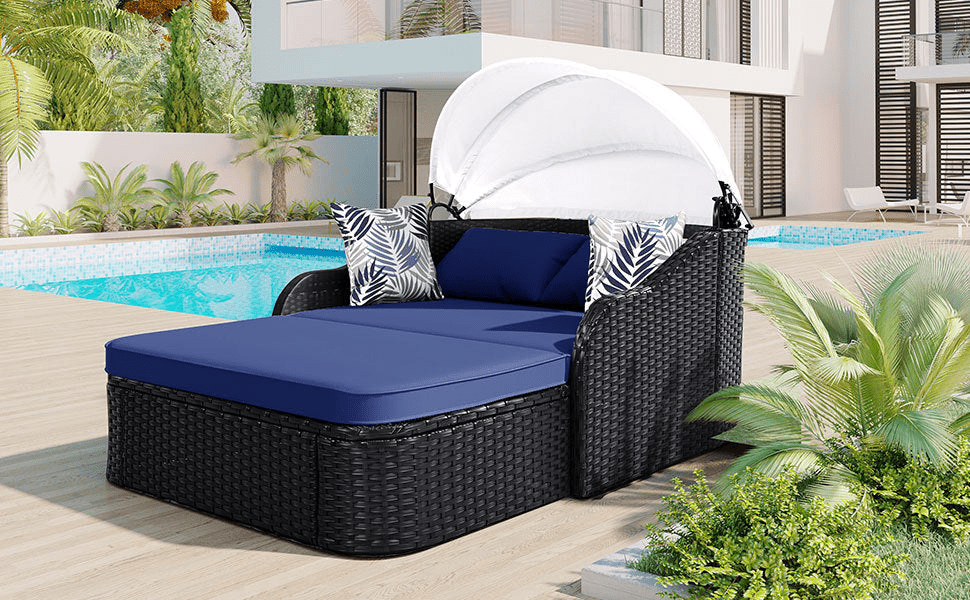 79.9' Outdoor Sunbed with Adjustable Canopy, Double lounge, PE Rattan Daybed, Black Wicker and Blue Cushion - Mervyns