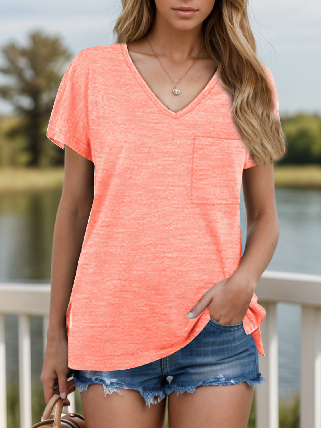 Pocketed Heathered V-Neck Short Sleeve T-Shirt