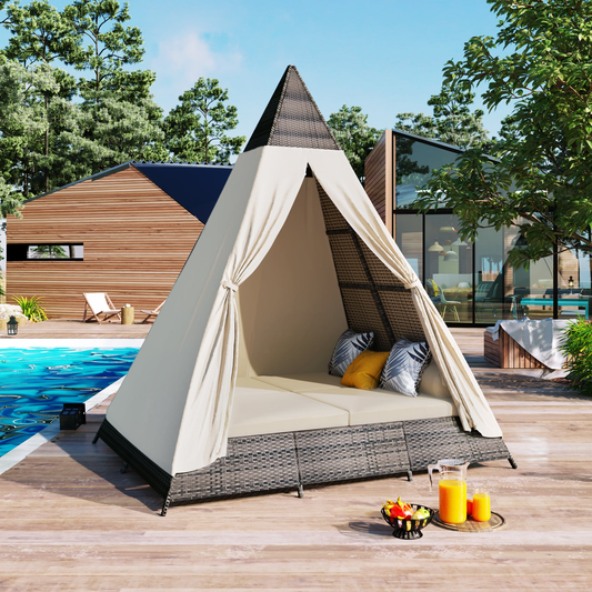 90.5' Length Outdoor Sunbed With Colorful Pillows, Wicker Patio Daybed With Cushions, Tent Shape, Brown and Beige - Mervyns