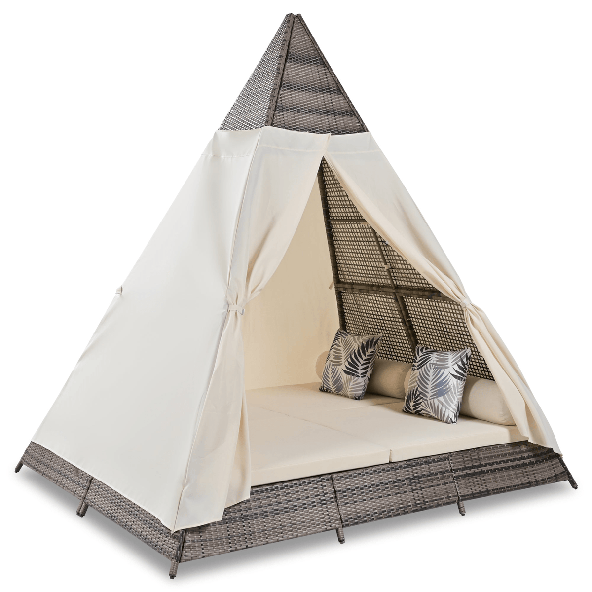 90.5' Length Outdoor Sunbed With Colorful Pillows, Wicker Patio Daybed With Cushions, Tent Shape, Brown and Beige - Mervyns