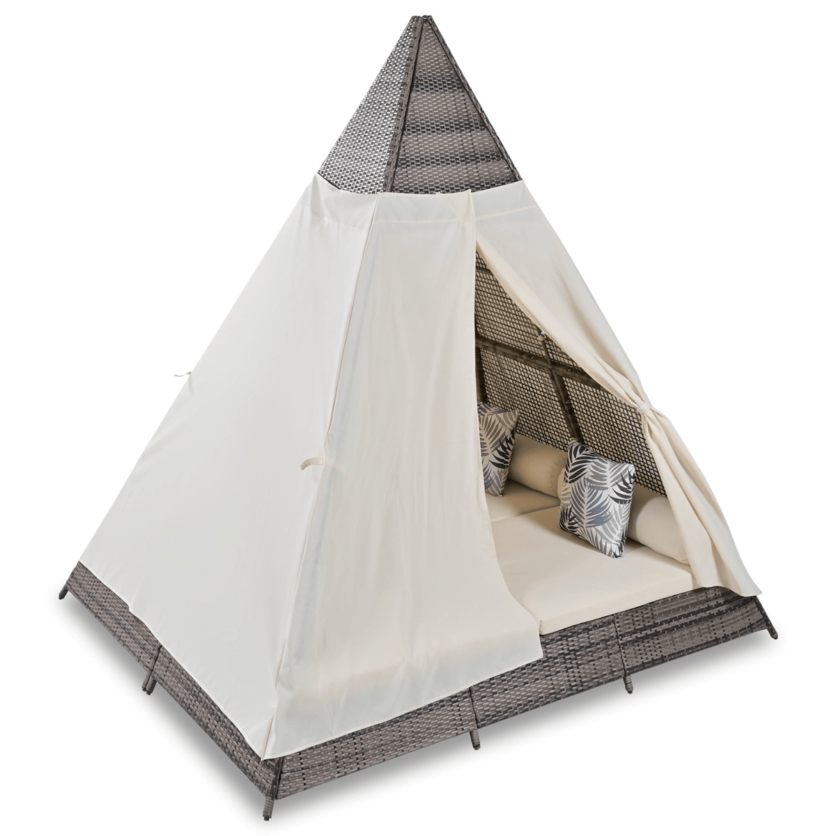 90.5' Length Outdoor Sunbed With Colorful Pillows, Wicker Patio Daybed With Cushions, Tent Shape, Brown and Beige - Mervyns