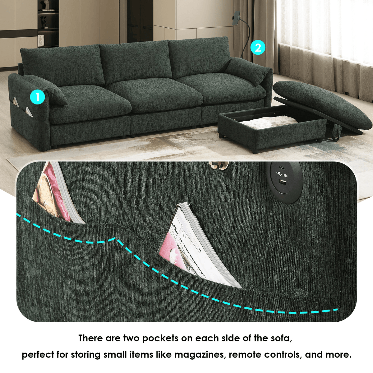 96.5'' Chenille Sectional Sofa with Storage Ottoman and Pockets,Adjustable Phone Holder,Wide Seat,4 Seat L Shaped Couch Set,Comfy Sofa with USB Charger for Living Room,Apartment,3 Colors - Mervyns