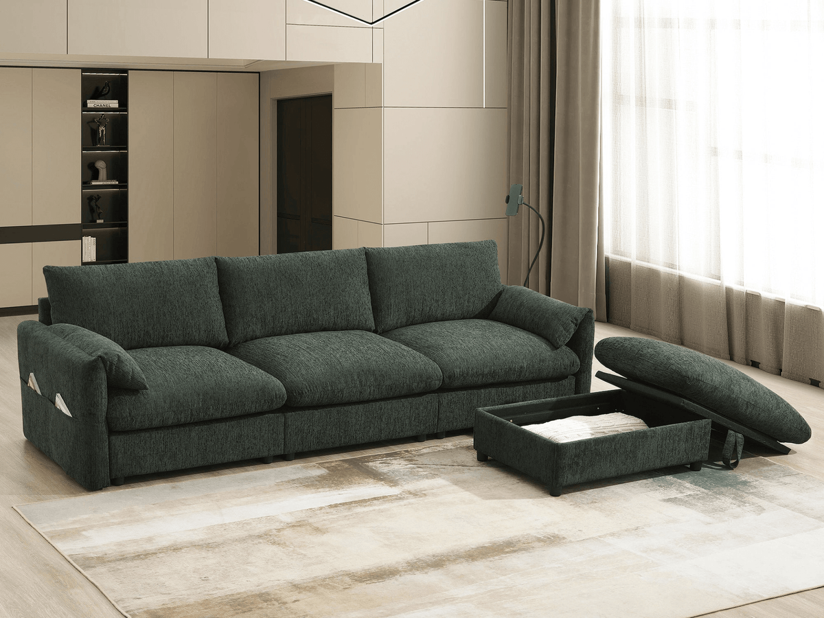 96.5'' Chenille Sectional Sofa with Storage Ottoman and Pockets,Adjustable Phone Holder,Wide Seat,4 Seat L Shaped Couch Set,Comfy Sofa with USB Charger for Living Room,Apartment,3 Colors - Mervyns