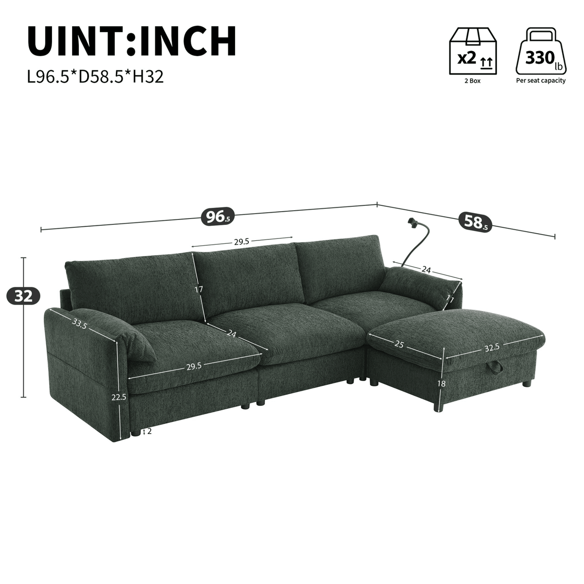96.5'' Chenille Sectional Sofa with Storage Ottoman and Pockets,Adjustable Phone Holder,Wide Seat,4 Seat L Shaped Couch Set,Comfy Sofa with USB Charger for Living Room,Apartment,3 Colors - Mervyns