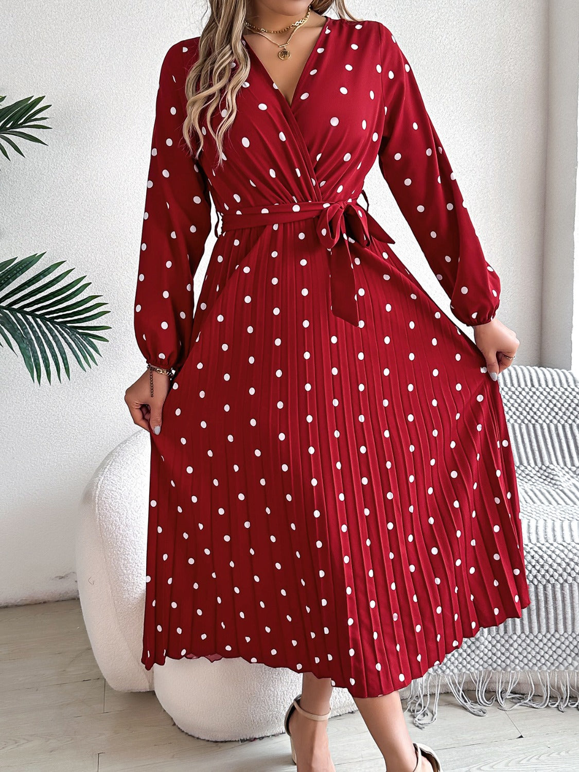 Tied Polka Dot Long Sleeve Midi Dress - Mervyns Tied Polka Dot Long Sleeve Midi Dress - Mervyns