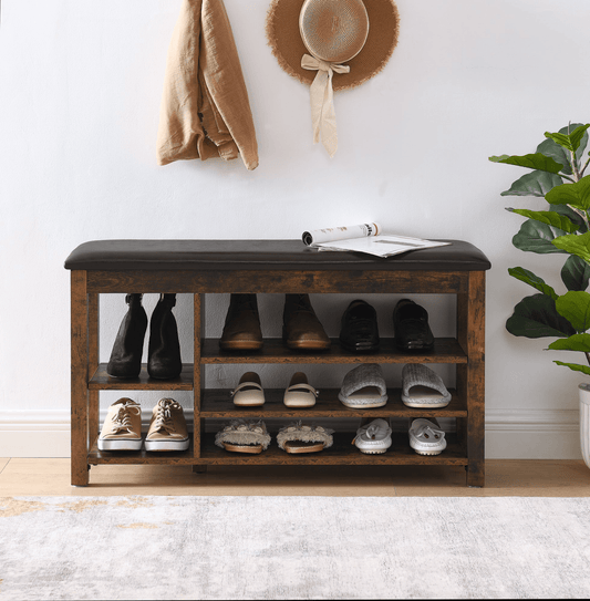 A height-adjustable long shoe-changing bench,made of natural rubberwood,comes with a comfortable seat,concealed storage space and large storage compartments, featuring charcoal-grained wood ,Vintage - Mervyns