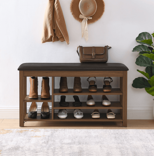 A height-adjustable long shoe-changing bench,made of natural rubberwood,comes with a comfortable seat,concealed storage space and large storage compartments. features natural wood grain.Brown - Mervyns