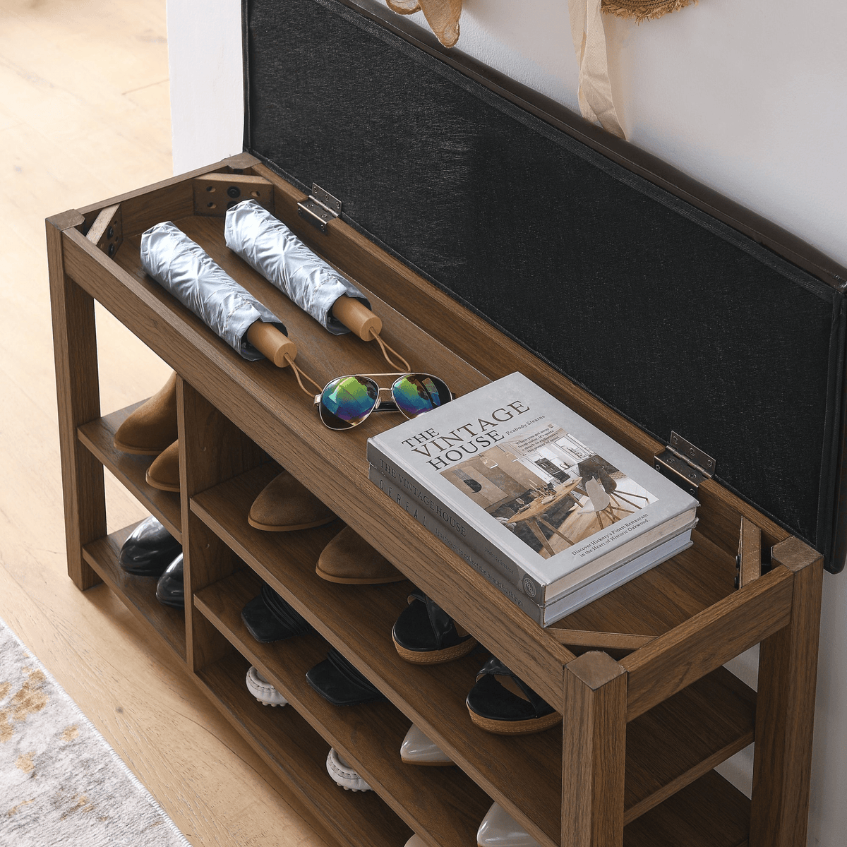 A height-adjustable long shoe-changing bench,made of natural rubberwood,comes with a comfortable seat,concealed storage space and large storage compartments. features natural wood grain.Brown - Mervyns