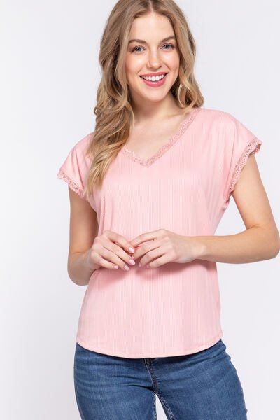 ACTIVE BASIC Lace Trim V - Neck Short Sleeve Ribbed Top - Mervyns