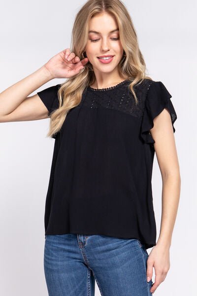 ACTIVE BASIC Ruffle Short Sleeve Crochet Blouse - Mervyns