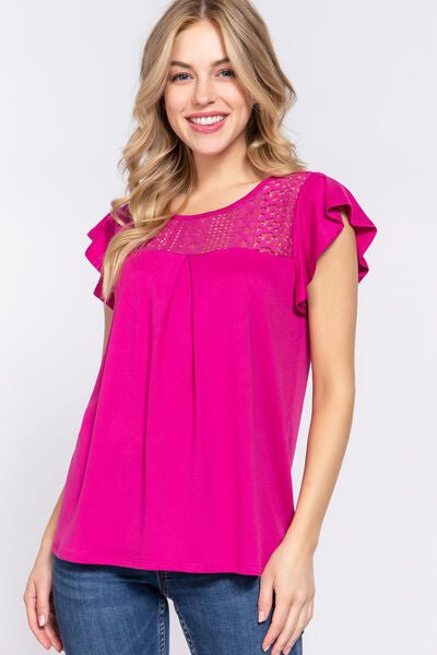 ACTIVE BASIC Ruffle Short Sleeve Lace Detail Knit Top - Mervyns