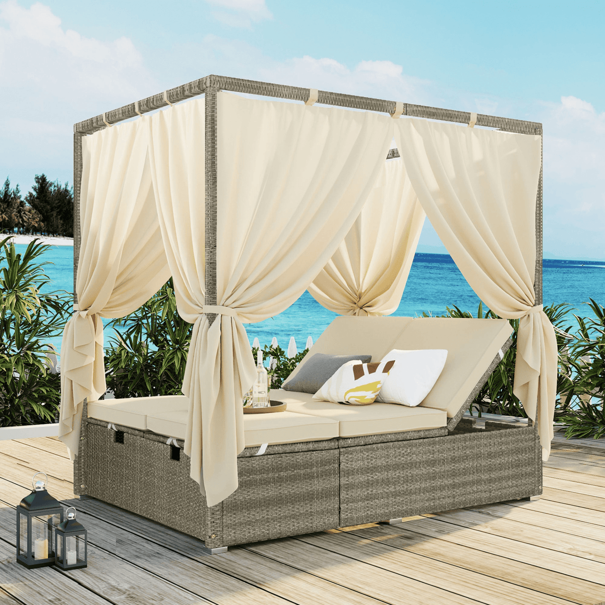 Adjustable Sun Bed with Curtain High Comfort Outdoor Lounger for Relaxation - Mervyns
