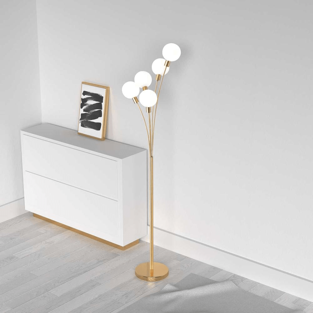 Ana 5LT Incandescent Floor Lamp, Aged Brass w/White Glass - Mervyns