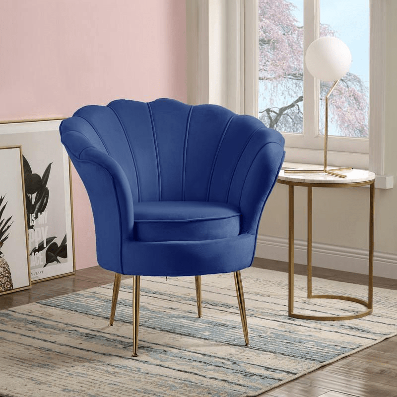 Angelina Blue Velvet Scalloped Back Barrel Accent Chair with Metal Legs - Mervyns