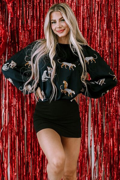 Animal Pattern Round Neck Long Sleeve Blouse - Mervyns