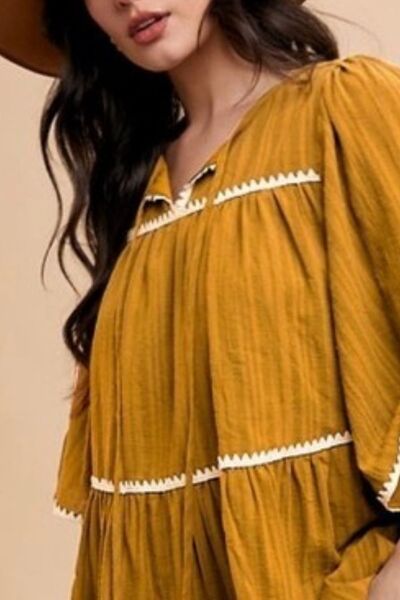 Annie Wear Tassel Contrast Trim Tie Neck Half Sleeve Tiered Dress - Mervyns