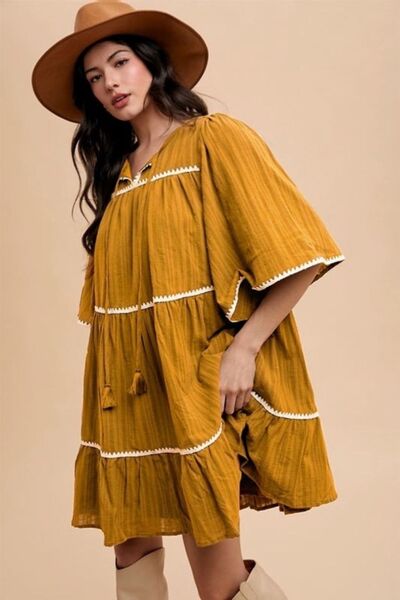 Annie Wear Tassel Contrast Trim Tie Neck Half Sleeve Tiered Dress - Mervyns