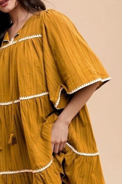 Annie Wear Tassel Contrast Trim Tie Neck Half Sleeve Tiered Dress - Mervyns