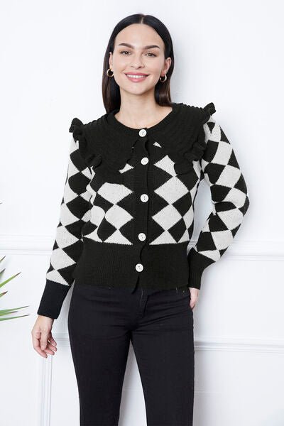 Argyle Element Button Up Ruffled Cardigan - Mervyns