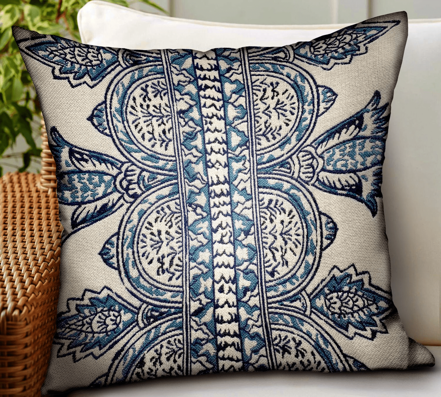 Aristocratic Floret White/ Blue Paisley Luxury Outdoor/Indoor Throw Pillow - Mervyns