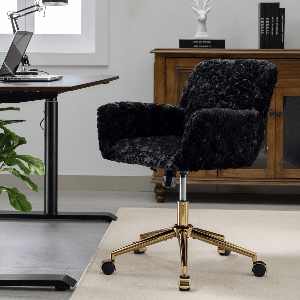 Artificial Rabbit Hair Office Chair with Golden Metal Base, Adjustable Swivel Chair - Mervyns