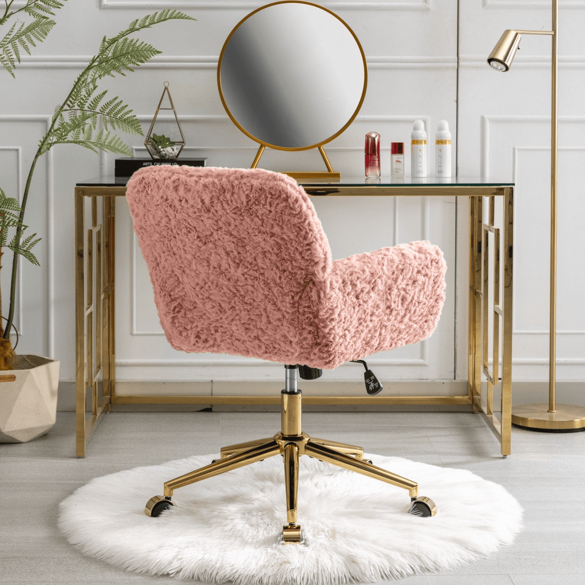 Artificial Rabbit Hair Office Chair with Golden Metal Base, Adjustable Swivel Chair - Mervyns