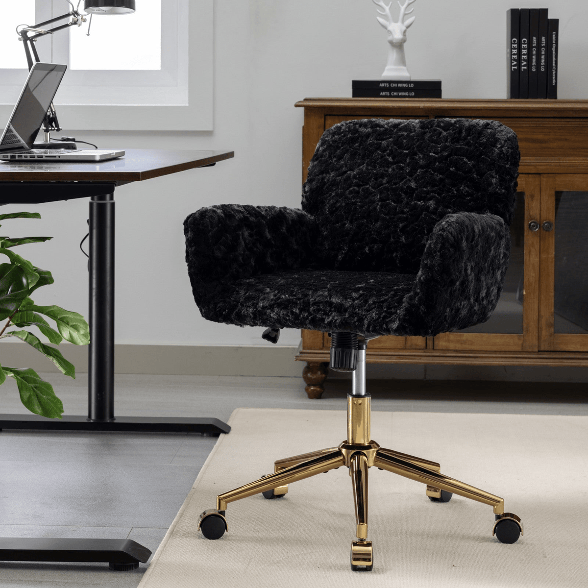 Artificial Rabbit Hair Office Chair with Golden Metal Base, Adjustable Swivel Chair - Mervyns