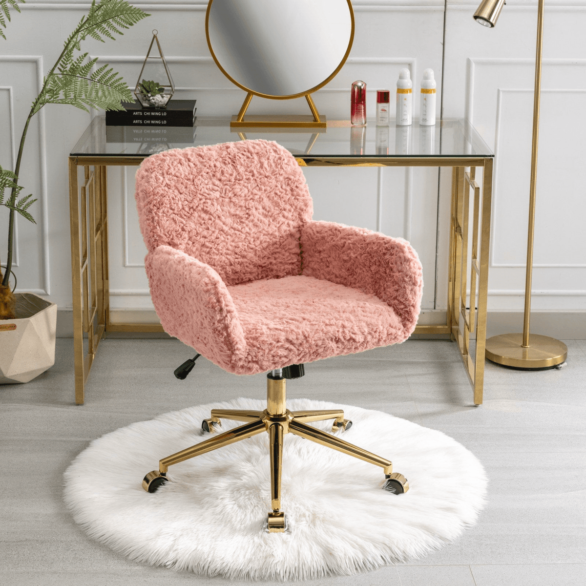 Artificial Rabbit Hair Office Chair with Golden Metal Base, Adjustable Swivel Chair - Mervyns