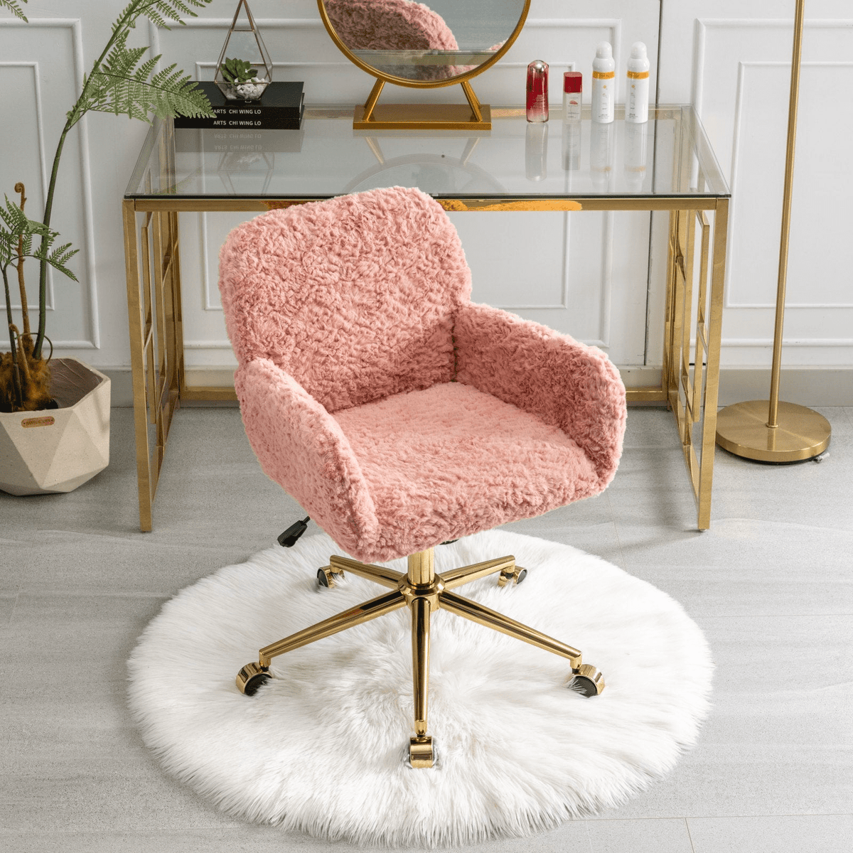 Artificial Rabbit Hair Office Chair with Golden Metal Base, Adjustable Swivel Chair - Mervyns